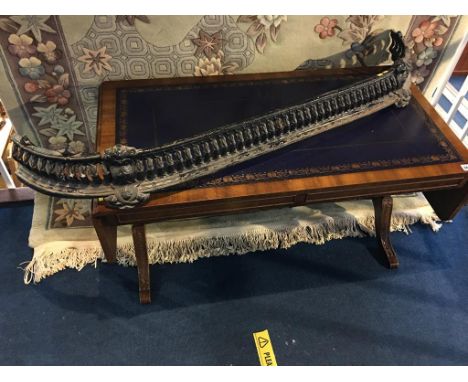 A reproduction mahogany sofa table with blue inset leather top