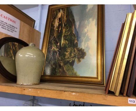 A shelf of framed pictures and prints, to include mirror etc.