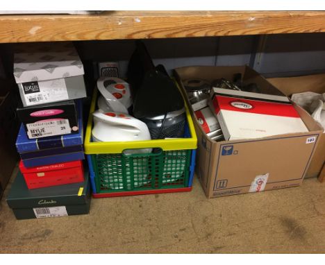A shelf of assorted including Ladies shoes, heaters etc.