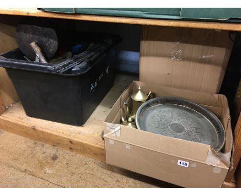 A shelf of assorted to include tools, plated ware etc.
