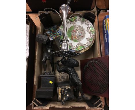 Pair of spelter figures, a David Lloyd Jones tile etc.