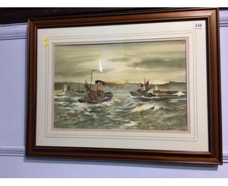 Thomas Wilkinson, watercolour, signed, dated 1974, 'Tug boats entering the harbour', 34 x 52cm
