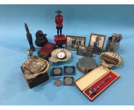 Tray of assorted including a silver pocket watch, a musical Mounty etc.