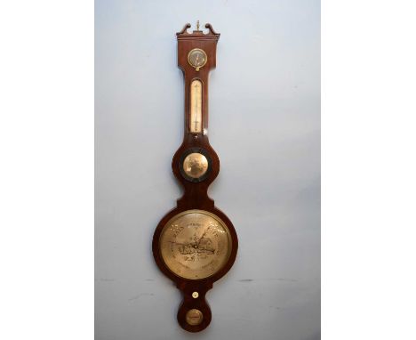 Large 19th century mahogany cased barometer fitted with damp/dry scale thermometer, central mirror and large silvered dial de