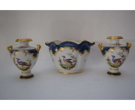 Pair of Spode Copeland vases with exotic birds together with a small matching jardiniere with floral pattern (3)