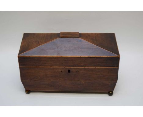 Small 19th century mahogany sarcophagus formed tea caddy, the interior with later fabric lining, 30cm wide