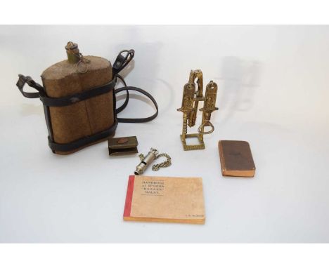 Quantity of militaria including a British Army water bottle with cloth cover and original straps, together with a trench art 