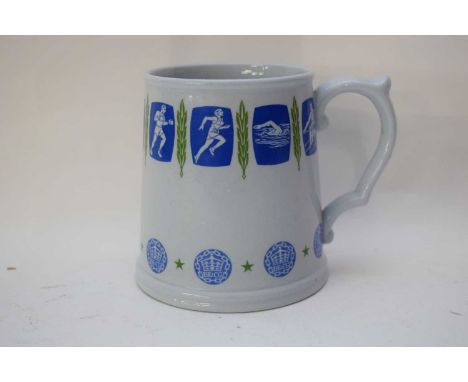 Copeland Spode mug, the light blue ground with various figures in athletic pursuits, the base marked 'Perth 1962', probably p