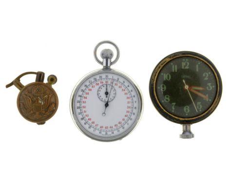 TRENCH ART. A BRASS BUTTON LIGHTER, A 1930'S SMITHS BLACK PAINTED BRASS WATCH WITH BLACK DIAL, CENTRE SECONDS AND RED AND GRE