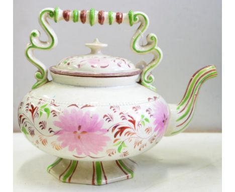 AN UNUSUAL VICTORIAN LUSTRE WARE KETTLE AND COVER, WITH GREEN ENAMEL DETAIL, 24.5CM H, MID 19TH C