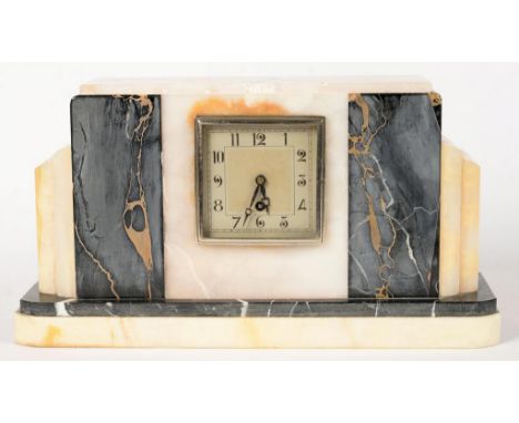 A FRENCH OR BELGIAN ART DECO MARBLE AND ALABASTER MANTEL TIMEPIECE, 22CM H, C1930