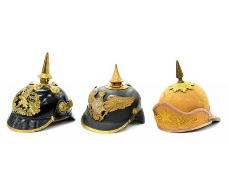 TWO IMPERIAL GERMAN SPIKED HELMETS, PICKELHAUBE, OTHER RANKS, PRUSSIA AND HESSER AND ANOTHER, LIGHT BROWN CLOTH WITH EMBROIDE