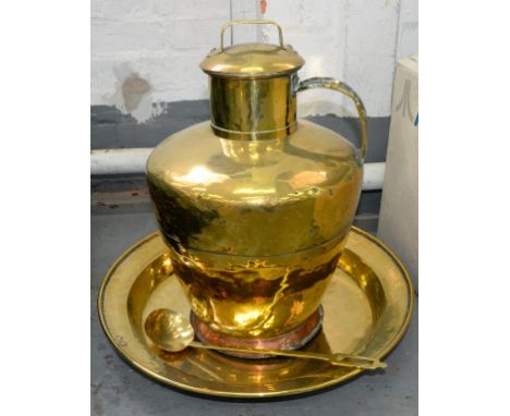 A BRASS SHALLOW BOWL, 56CM D, A BRASS WATER CARRIER, 68CM H AND A BRASS LADLE