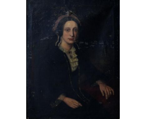 ENGLISH SCHOOL, MID 19TH C, PORTRAIT OF A LADY, SEATED THREE QUARTER LENGTH IN A BLACK DRESS WITH GOLD BROOCH, OIL ON CANVAS,