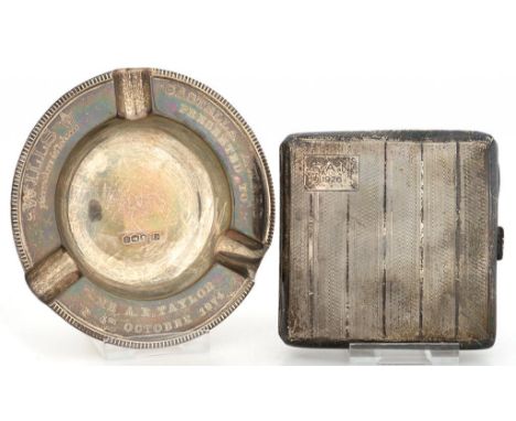 A GEORGE V SILVER CIGARETTE CASE, ENGINE TURNED, 8CM L, BIRMINGHAM 1926 AND A SILVER ASH TRAY, 5OZS 4DWTS