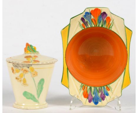 CLARICE CLIFF. AN A. J. WILKINSON CROCUS PATTERN BOWL, 17CM L, PRINTED BIZARRE MARK, C1935 AND A CONTEMPORARY BURLEIGH WARE C