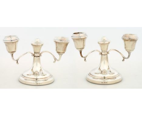 A PAIR OF ELIZABETH II DWARF SILVER TWIN LIGHT CANDELABRA, 11CM H , BIRMINGHAM 1973, LOADED