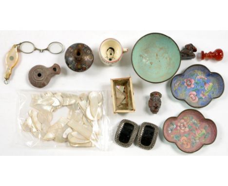 MISCELLANEOUS MINIATURE WORKS OF ART, TO INCLUDE A CANTON PAINTED ENAMEL BOWL AND DISH, FIELDING'S WORLD WAR TWO ANTI GERMAN 