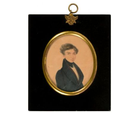 BRITISH NAIVE ARTIST, EARLY - MID 19TH C, PORTRAIT MINIATURE OF A YOUNG MAN, INK AND WATERCOLOUR ON CARD, OVAL, 8.5 X 7CM, PA