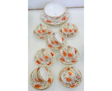 AN ENGLISH PORCELAIN TEA AND COFFEE SERVICE OF LONDON SHAPE, BOLDLY PAINTED IN SHADED RED ENAMEL WITH STYLISED FLOWERS, GREEN