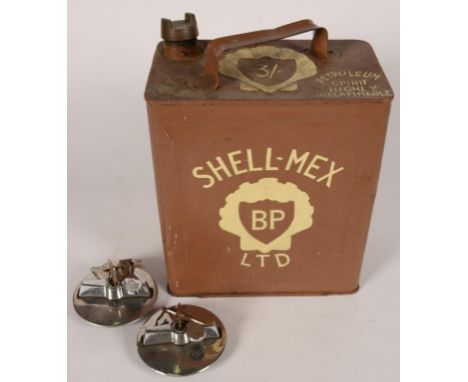 VINTAGE MOTORING. A SHELL - MEX BP LIMITED PETROL CAN AND BRASS CAP, WITH PRICE 3/-, 43CM H AND TWO 1960'S VAUXHALL CHROMIUM 