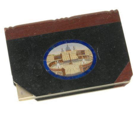 AN ITALIAN BOOK SHAPED MARBLE AND MICROMOSAIC DESK WEIGHT WITH AN OVAL VIEW OF ST PETER'S SQUARE ROME IN LAPIS LAZULI SURROUN