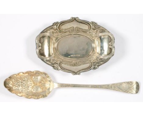 A GEORGE III SILVER TABLESPOON, LATER CHASED AS A BERRY SPOON, LONDON 1814 AND AN ART NOUVEAU EMBOSSED SILVER DISH, SHEFFIELD