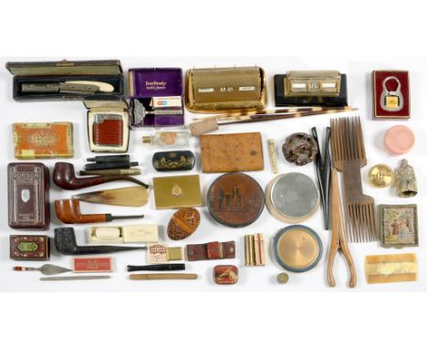 MISCELLANEOUS ITEMS, INCLUDING VICTORIAN PAPIER MACHE BOX AND COVER, TOBACCO PIPES, SNUFF BOXES, WORKS OF ART, ETC