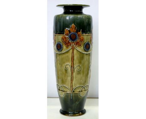 A DOULTON WARE VASE, SLIP TRAILED WITH STYLISED FLOWERS IN ART NOUVEAU STYLE AND BEADING, 37CM H, IMPRESSED MARKS, C1905