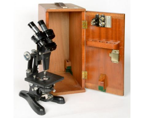 A BECK BINOCULAR MICROSCOPE AND SEVERAL ACCESSORIES, IN FITTED MAHOGANY CASE, 40CM H, TWO RAYNER REFRACTOMETERS, CASED, A CAS