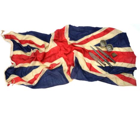 MISCELLANEOUS ITEMS, TO INCLUDE A UNION JACK, BAYONET DAGGER IN METAL SHEATH, CARTRIDGE CASES, ETC