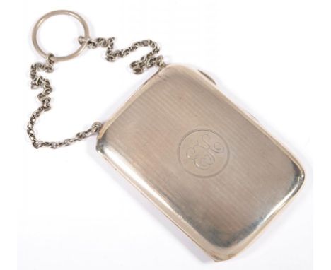 A GEORGE V LADY'S SILVER CIGARETTE CASE, ENGINE TURNED, CHAIN HANDLE AND FINGER RING, 8CM L, BIRMINGHAM 1921, 2OZS 4DWTS