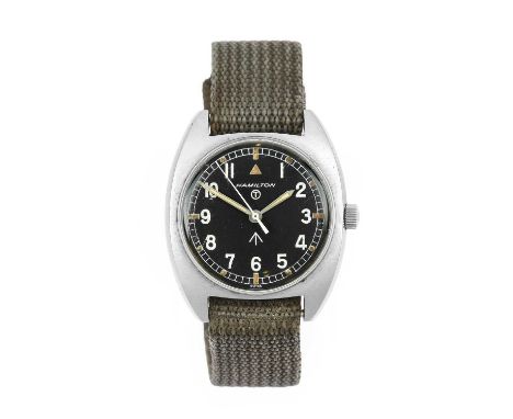 Hamilton: A British Military Centre Seconds Wristwatch, signed Hamilton, issued in 1976, manual wound lever movement, black d
