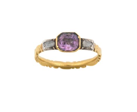 An 18th Century Amethyst and Diamond Three Stone Ringthe emerald-cut amethyst in a yellow collet setting, flanked by lasque c