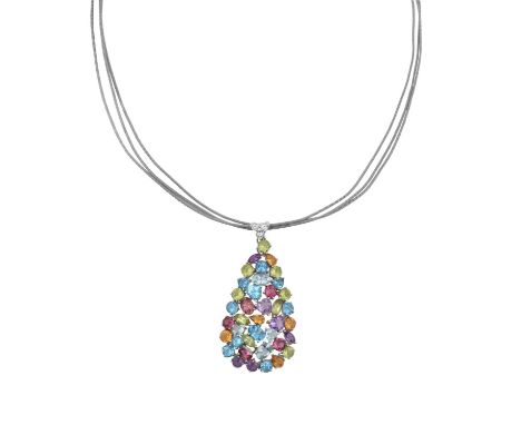 An 18 Carat White Gold Multi-Gem Set Pendant on Chain the pear shaped cluster set throughout with vari-shaped amethyst, citri