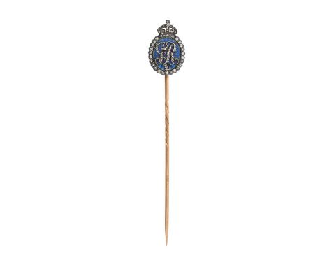 An Enamel and Diamond Stick Pinof Royal interest for the coronation of George V, the oval blue guilloché enamel plaque overla
