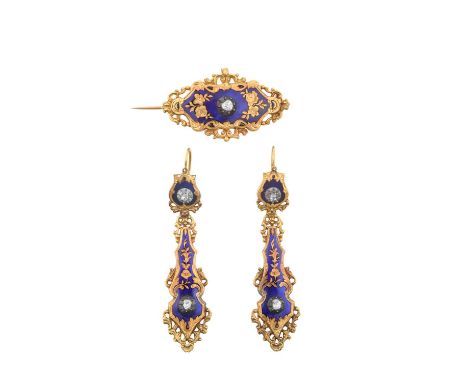 A Diamond and Enamel Brooch/Pendant and Earring Suite, circa 1860the lozenge shaped plaque enamelled in blue with foliate dec