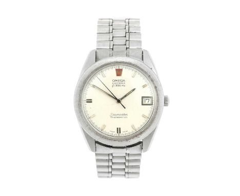 Omega: A Stainless Steel Electronic Calendar Centre Seconds Wristwatch, signed Omega, Chronometer, f300Hz, model: Seamaster, 