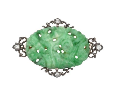 A Jade and Diamond Brooch, circa 1900the oval carved and pierced jade plaque with old cut diamonds and scroll detailing at fo