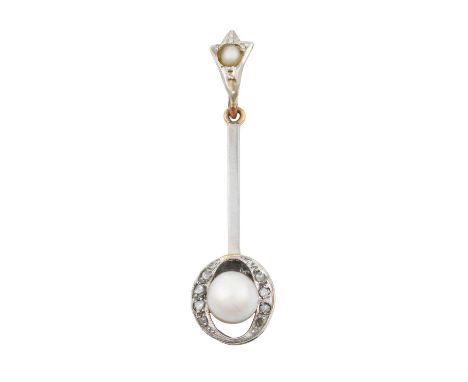 A Pearl and Diamond Pendant, circa 1900the pearl within a white frame inset with rose cut and lasque cut diamonds, suspended 