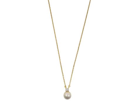 An 18 Carat Gold Cultured Pearl and Diamond Signature Necklace, by Tiffany &amp; Co. the cultured pearl surmounted by a round