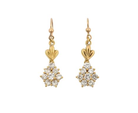 A Pair of Diamond Cluster Drop Earrings the pear shaped cluster set throughout with round brilliant cut diamonds, in yellow c
