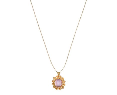 A Kunzite Pendant on Chainthe emerald-cut kunzite in a yellow elongated claw setting, to a filigree surround, suspended from 