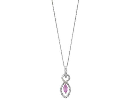 A Synthetic Pink Sapphire and Diamond Cluster Pendant on Chainthe marquise cut synthetic pink sapphire to an eight-cut diamon