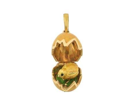 An Enamel Egg Pendant, by Victor Mayer for Fabergéenamelled in yellow, with a hinged crack motif to reveal a yellow enamel ch