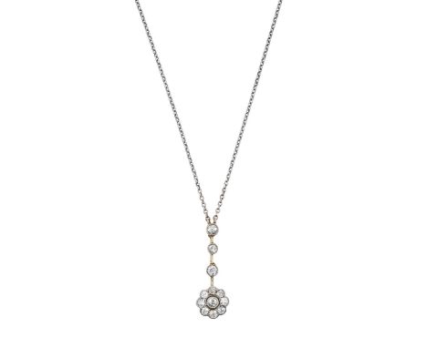 An Early 20th Century Diamond Necklacea flower head cluster set throughout with old cut diamonds surmounted by a trio of old 