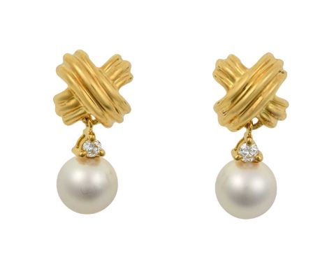 A Pair of 18 Carat Gold Diamond and Cultured Pearl Signature Earrings, by Tiffany &amp; Co.the cultured pearl surmounted by a