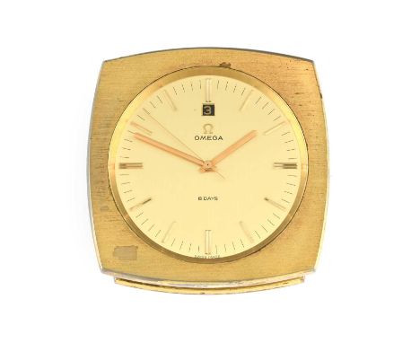 Omega: A Gilt Metal Eight Day Calendar Centre Seconds Desk Timepiece, signed Omega, ref: 7015, 1960s/70s, manual wound moveme