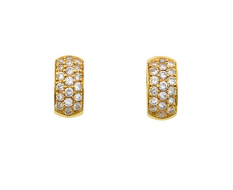 A Pair of Diamond Cuff Earrings three rows of round brilliant cut diamonds, in yellow pavé settings, to a plain polished hing