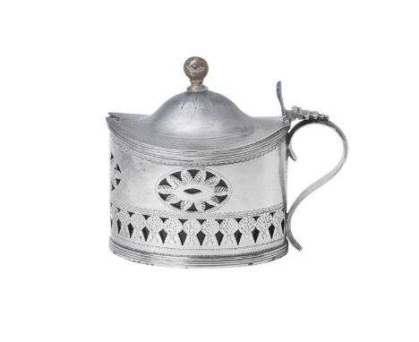 A George III Silver Mustard-Pot,  by Crispin Fuller, London, 1795 oval, the sides pierced with a band of wheat sheaves and fu